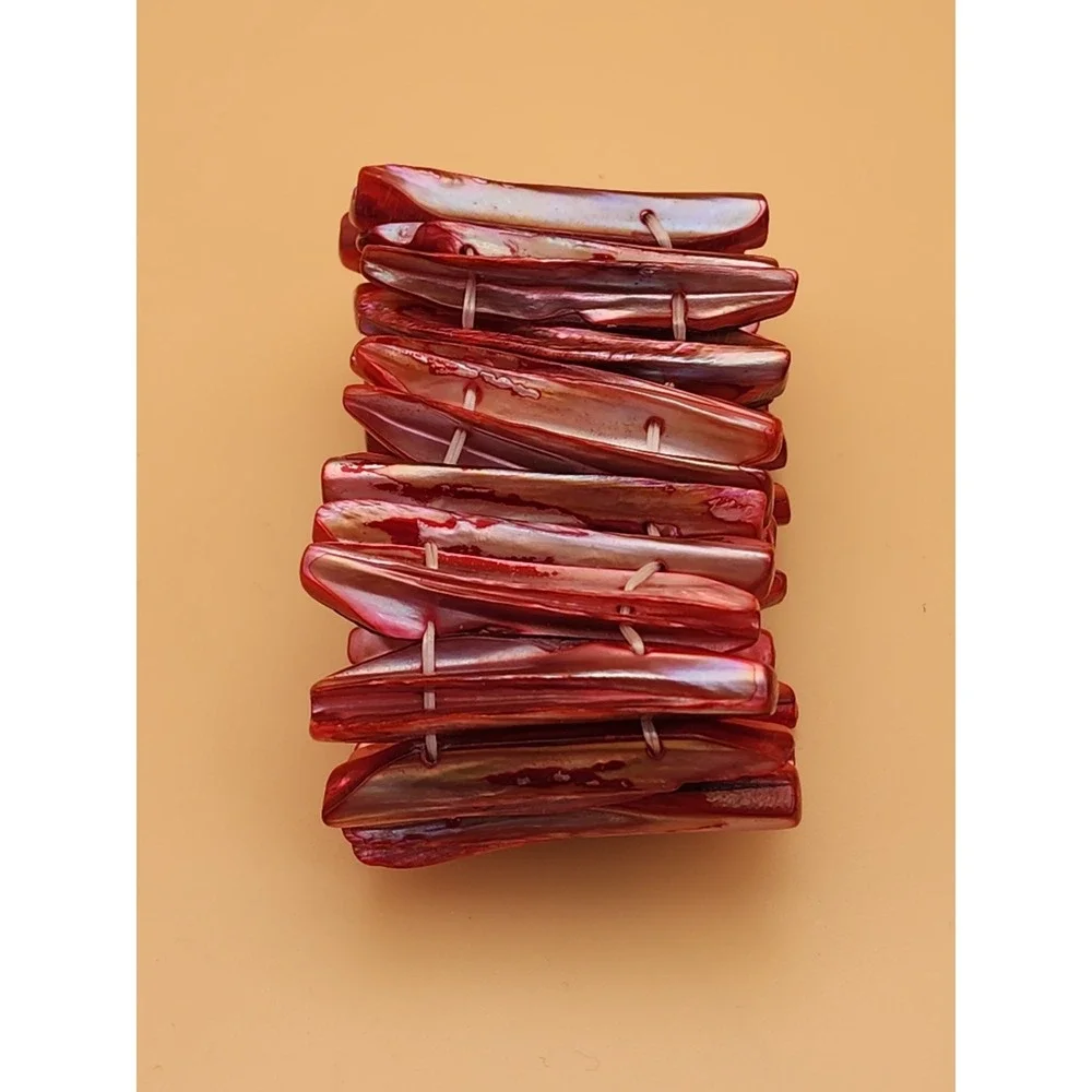 Vtg Gorgeous Red Pink Natural Abolone Shell Wide Stretchy Bracelet FREE $HIPPING